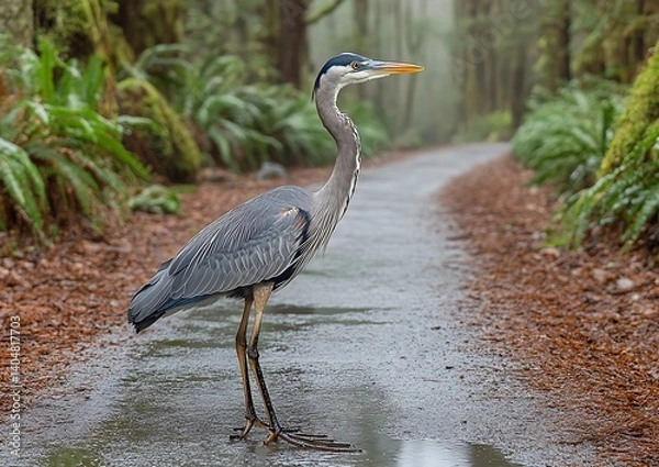 Fototapeta Heron on Rainy Forest Trail