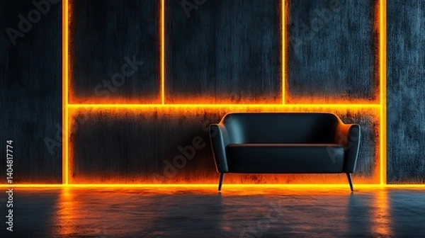 Obraz Modern, minimalist living area with orange accent lighting.