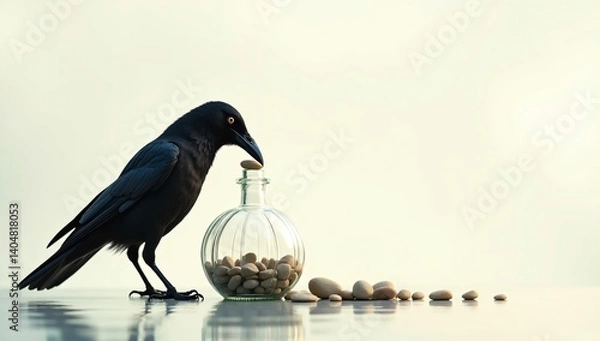 Obraz Black crow retrieves pebbles from a glass jar on a smooth surface in soft morning light