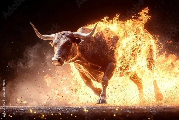 Fototapeta Bull on Fire, Dramatic Scene