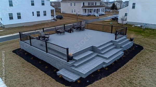 Obraz Elevated gray composite decking with tiered steps and outdoor furniture.