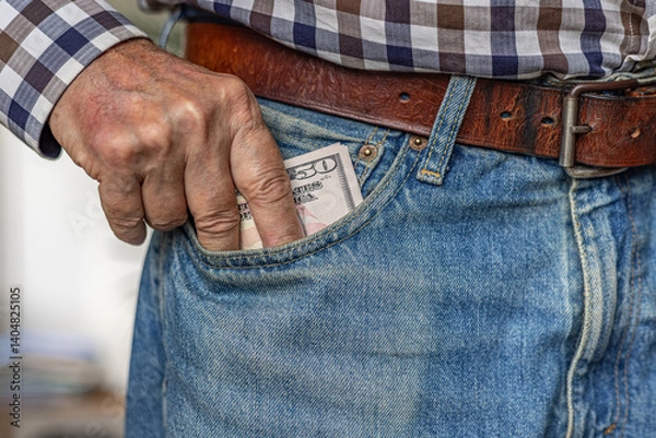 Fototapeta Tight close-up of a man's fingers inserting or pulling a wad of 50 American dollar banknotes from his jeans front pocket. Cash in hand concept - wages, payment, corruption, dividends or loan.