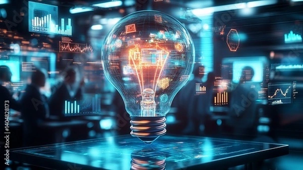 Fototapeta A glowing light bulb with digital data visuals, symbolizing innovative ideas in a futuristic workspace.