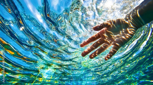 Fototapeta A hand reaches towards the surface of clear, blue water on a sunny day, creating ripples