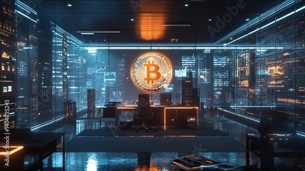 Obraz Futuristic office space showcasing a prominent Bitcoin symbol, illuminated by vibrant neon lights.