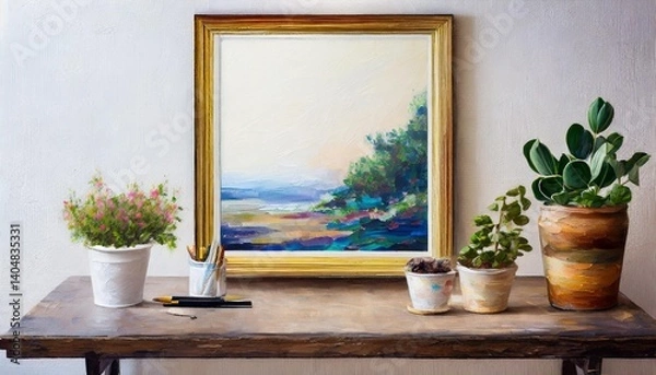 Fototapeta Golden framed coastal landscape painting displayed on a rustic wooden table with potted plants and art supplies