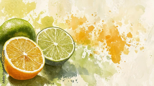 Fototapeta Citrus fruits are displayed against a subtle summer background filled with warm hues. The scene captures the essence of summer through vibrant colors and a fresh atmosphere