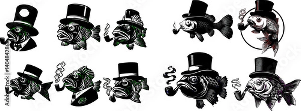 Fototapeta A collection of A Vector logo of a carp wearing a top hat and smoking a pipe, graphic design, in black and white