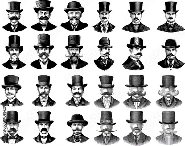 Fototapeta A collection of A Victorian gentleman with a mustache wearing a top hat, vector illustration on a white background
