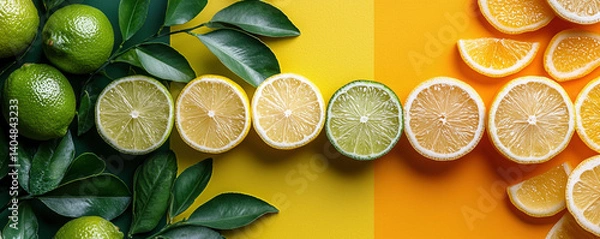Fototapeta Fresh limes, light yellow lemons, and orange slices are arranged on a bright yellow background, showcasing vibrant colors and seasonal freshness perfect for summer themes
