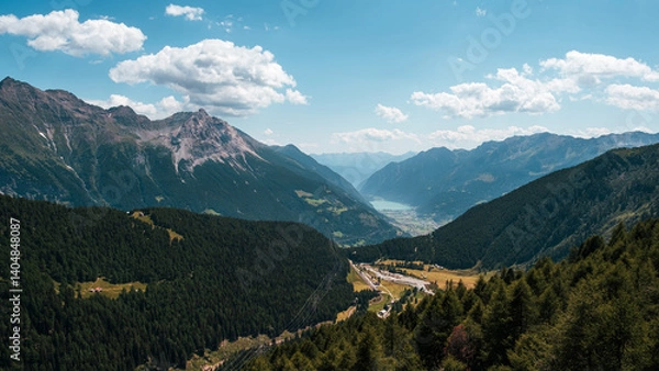 Obraz breathtaking panoramic view of Poschiavo valley and lake from Alp Grum in Swiss Alps.