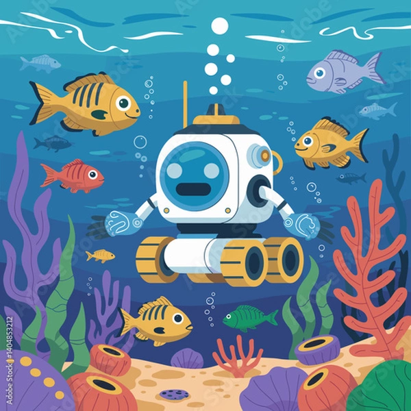 Fototapeta Cute Underwater Robot Exploring Colorful Coral Reef Scene