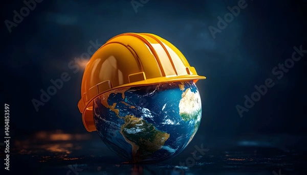 Fototapeta A symbolic representation of workplace safety and health Planet Earth wearing a protective helmet, perfect for World Day of Safety and Health at Work