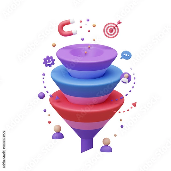 Fototapeta 3D Sales Funnel Marketing Strategy Conversion Customer Journey Lead Generation Process Optimization