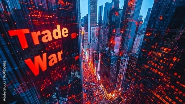 Obraz Aerial view of a bustling cityscape at dusk, with vibrant lights and the phrase 'Trade War' illuminated in bold letters.