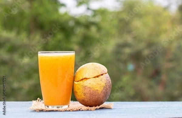 Obraz Indian Bael Fruit Juice or Sharbat in a Glass or Wood Apple Isolated on Wooden Background with Copy Space, Also Known as Aegle Marmelos, Bengal Quince, Japanese Bitter Orange or Stone Apple