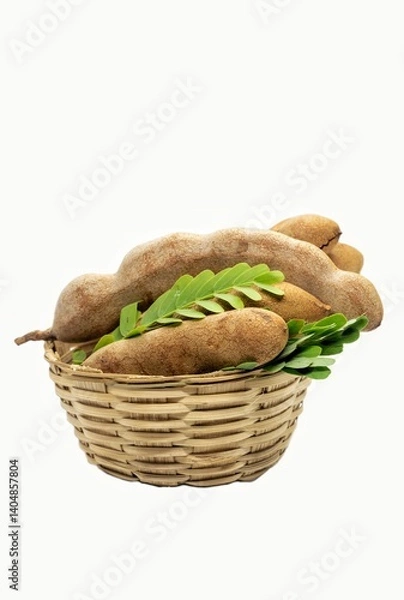 Obraz Ripe Tamarind with Green Leaves in a Small Bamboo Basket Isolated on White Background with Copy Space