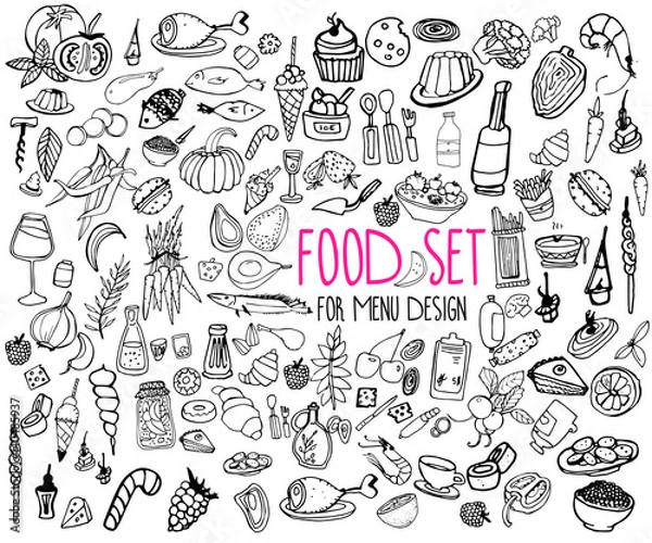 Fototapeta Hand drawn food elements. Set for menu decoration. 