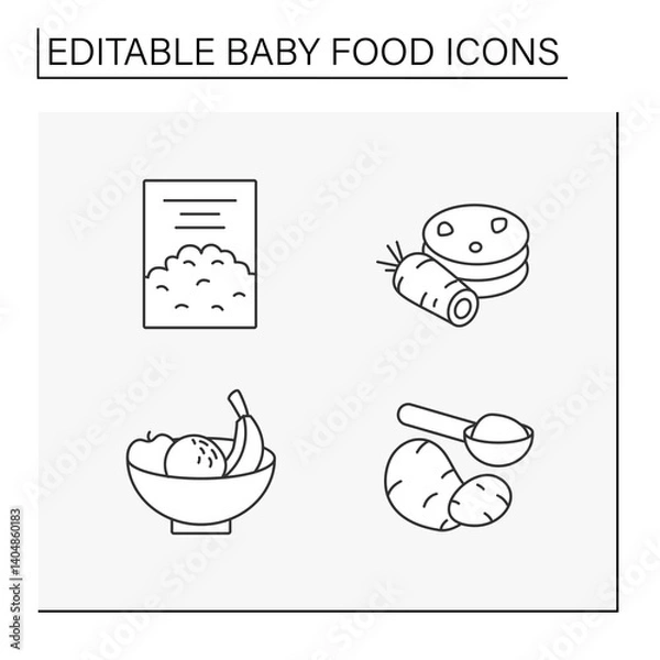 Fototapeta Bay food line icons set. Porridge, carrot pancakes, fruits and potato puree. Drinks and meals. Healthy menu concept. Isolated vector illustrations. Editable stroke