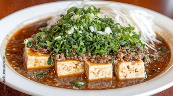 Obraz Stir-fried tofu with ground meat and scallions.