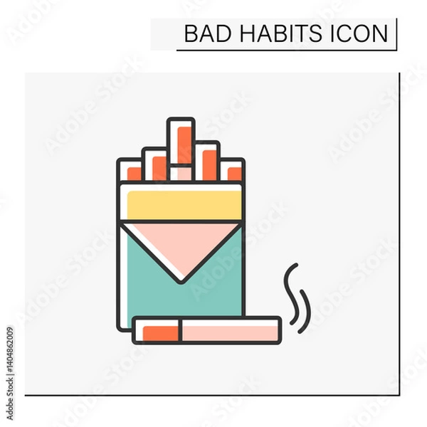 Fototapeta Smoking color icon. Cigarettes. Toxic addiction. Unhealthy smoking problem. Bad habits concept. Isolated vector illustration