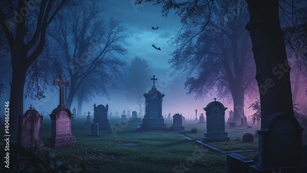 Fototapeta A misty graveyard at dusk, illuminated by a soft purple glow, creates a spooky halloween scene.