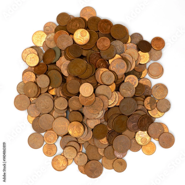 Obraz A pile of many coins on white background
