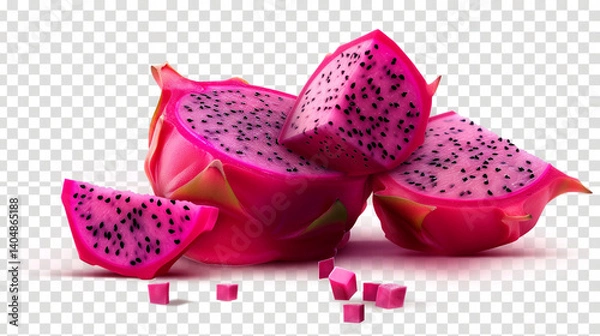Obraz The Unfurling of a Dragon's Heart: Witness the juicy, fuchsia flesh of the dragon fruit revealed in dynamic fragments, hinting at its unique texture and subtly sweet flavor. A captivating glimpse into