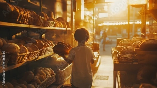 Fototapeta Child Selecting Bread in Warmly Lit Bakery