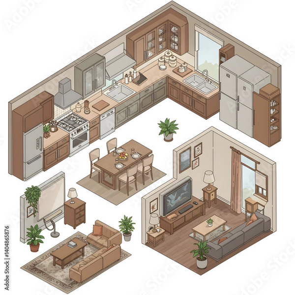 Fototapeta Isometric Detailed Layout of an Open Concept Living Space with Natural Tones