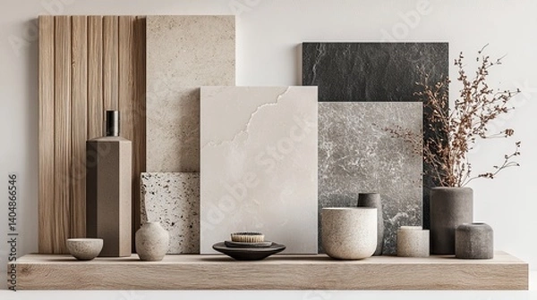 Obraz Soft-toned mood board with off-white marble, stone in muted greys, oak wood 