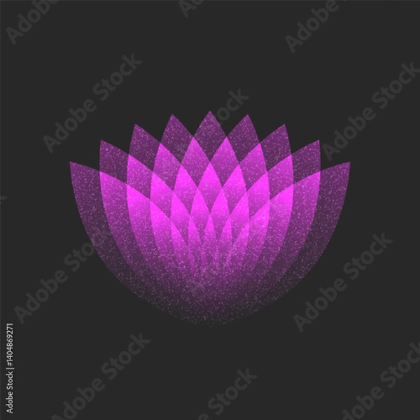 Fototapeta Vibrant abstract neon soft purple flower logo with layered translucent petals and starry noise texture on dark background symbolizing harmony, balance, luxury, and creative digital floral expression.