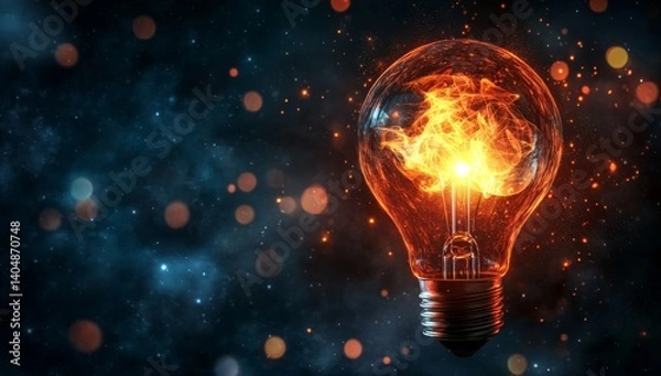Fototapeta Burning lightbulb in dark cosmos.  Intense energy and innovation concept