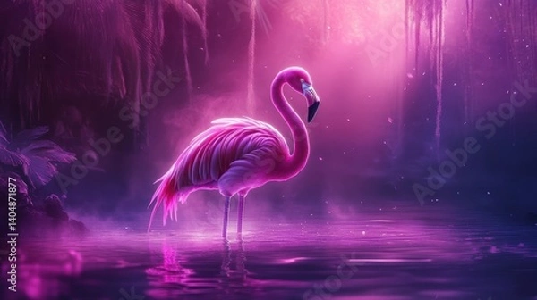 Fototapeta Ethereal flamingo bathed in vibrant magenta light reflected in calm waters