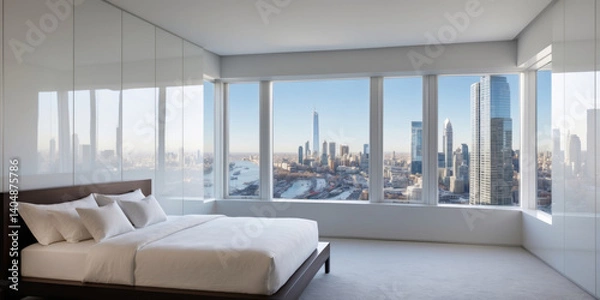 Obraz A luxurious bedroom with a breathtaking view of the city's stunning skyline.