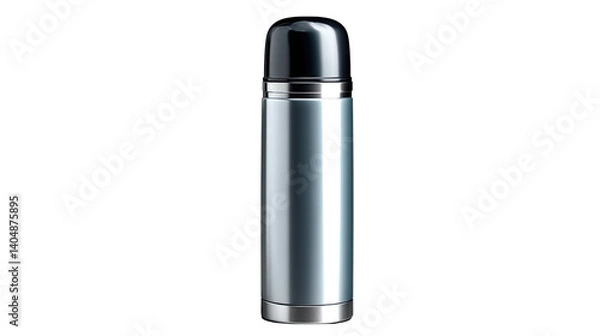 Fototapeta Sleek Insulated Bottle: A metallic, vacuum-sealed flask stands tall against a clear backdrop, embodying functional design.