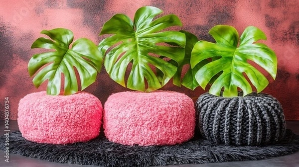 Obraz Three textured poufs accented with lush monstera leaves.