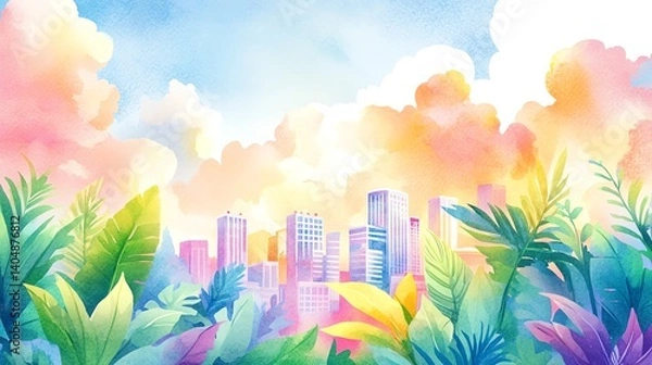 Fototapeta Colorful skyline blending city and nature, vibrant foliage in foreground.