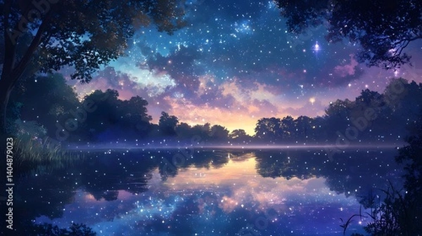 Obraz A serene night sky filled with sparkling stars over a tranquil lake reflecting their brilliance