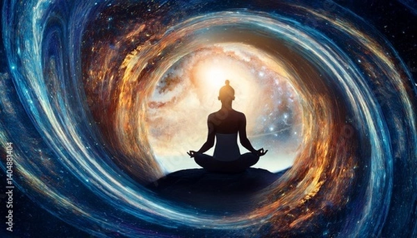 Obraz 宇宙の光を浴びる目を閉じた人のイラスト。AIで生成