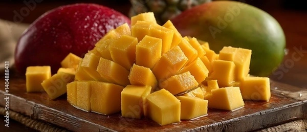 Obraz Diced Mango on Wooden Board.