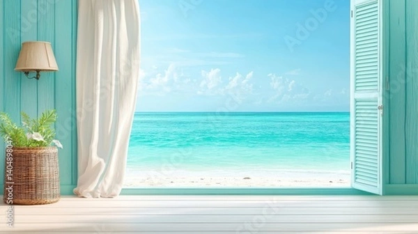 Fototapeta Coastal view from an open window with a beach and ocean in the background.