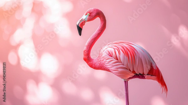 Fototapeta A vibrant pink flamingo stands gracefully in front of a soft pink summer backdrop, embodying the essence of warm weather and tranquility while basking in gentle sunlight