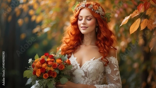 Fototapeta "The Bride Relaxing on an Easy Chair in the Park, Surrounded by an Autumn Wreath"