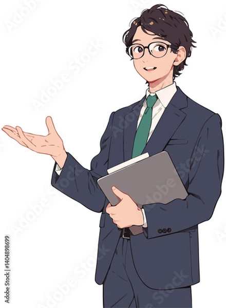 Fototapeta アニメ調の説明するスーツ姿の眼鏡を掛けた男性のイラスト