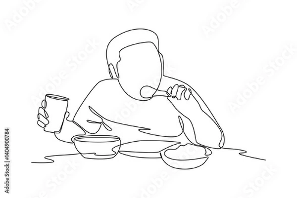 Obraz One single line drawing of Individuals gorge on heaps of food in mukbang streams. Food vlogger minimalist concept. Food reviewer.