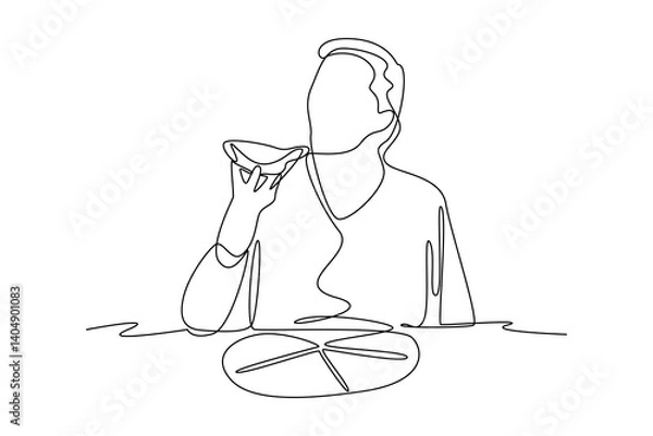 Obraz One single line drawing of food enthusiasts indulge in excessive eating on camera. Food vlogger minimalist concept. Food reviewer.