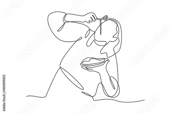 Obraz One single line drawing of Participants consume large amounts of food in mukbang videos. Food vlogger minimalist concept. Food reviewer.
