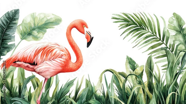 Fototapeta A vibrant flamingo stands gracefully in tall grass surrounded by tropical palms, blending into the rich greenery of the landscape at sunset, creating a serene atmosphere
