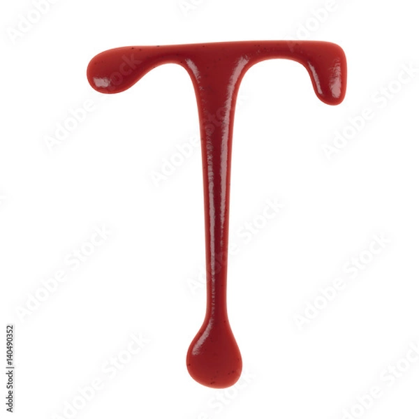 Fototapeta Hand Drawn Liquid letter T Made in Ketchup or Tomato Sauce Isolated on White Background 3d Rendering